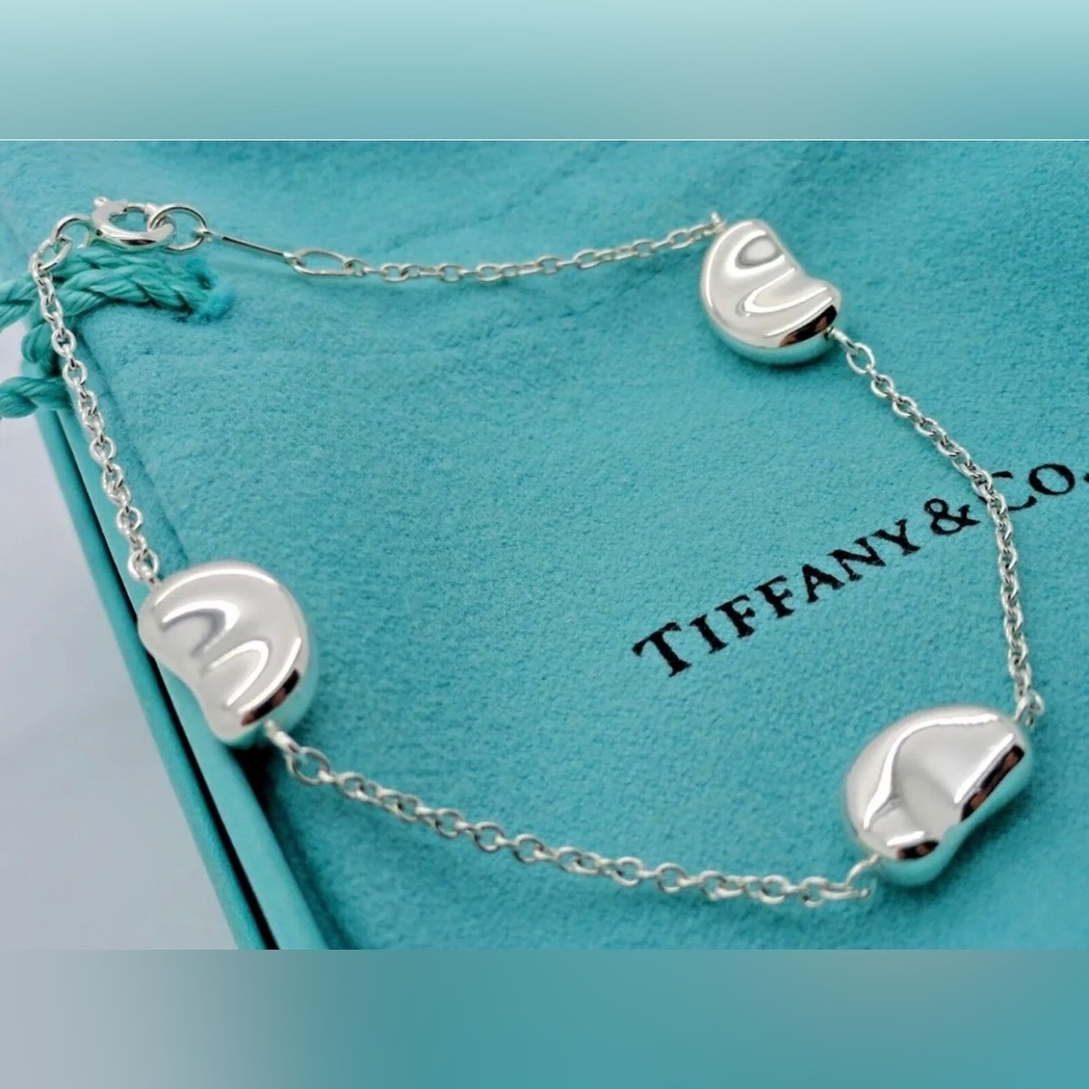 Tiffany & Co. Sterling Silver Elsa Peretti 3 Bean 7" Bracelet in Pouch & Box